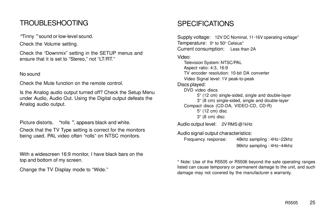 Rosen Entertainment Systems R5505 owner manual Troubleshooting, Specifications, Tinny sound or low-level sound, No sound 