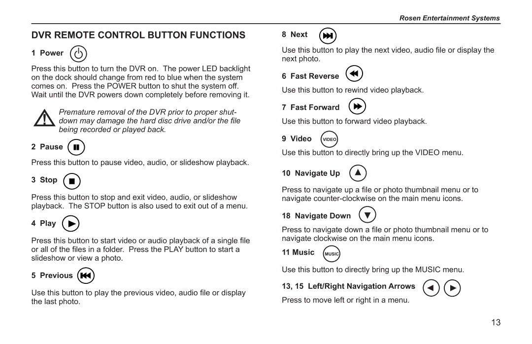 Rosen Entertainment Systems RVR 2000 owner manual DVR Remote Control Button Functions 