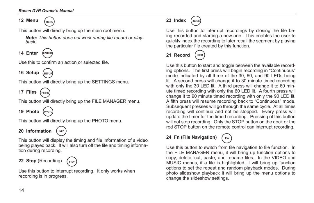 Rosen Entertainment Systems RVR 2000 Enter Enter, Setup Setup, Files Files, Photo Photo, Information Info, Index Index 