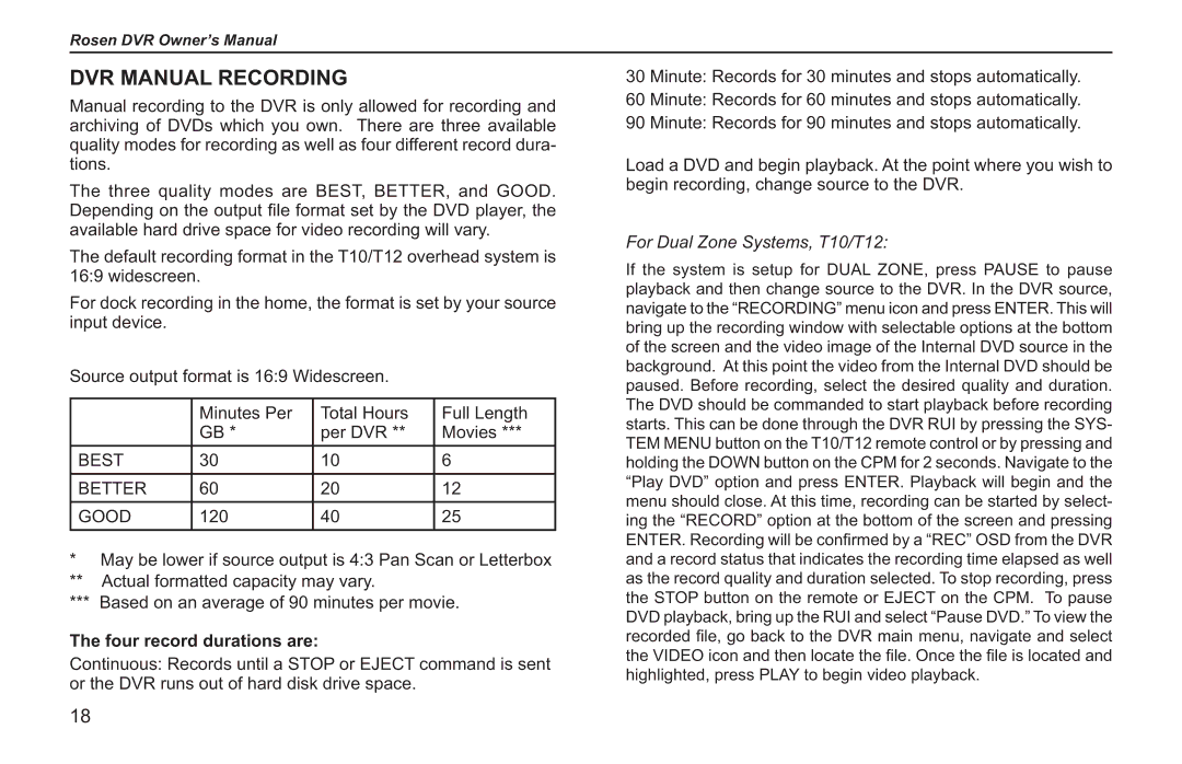 Rosen Entertainment Systems RVR 2000 owner manual DVR Manual Recording, Four record durations are 