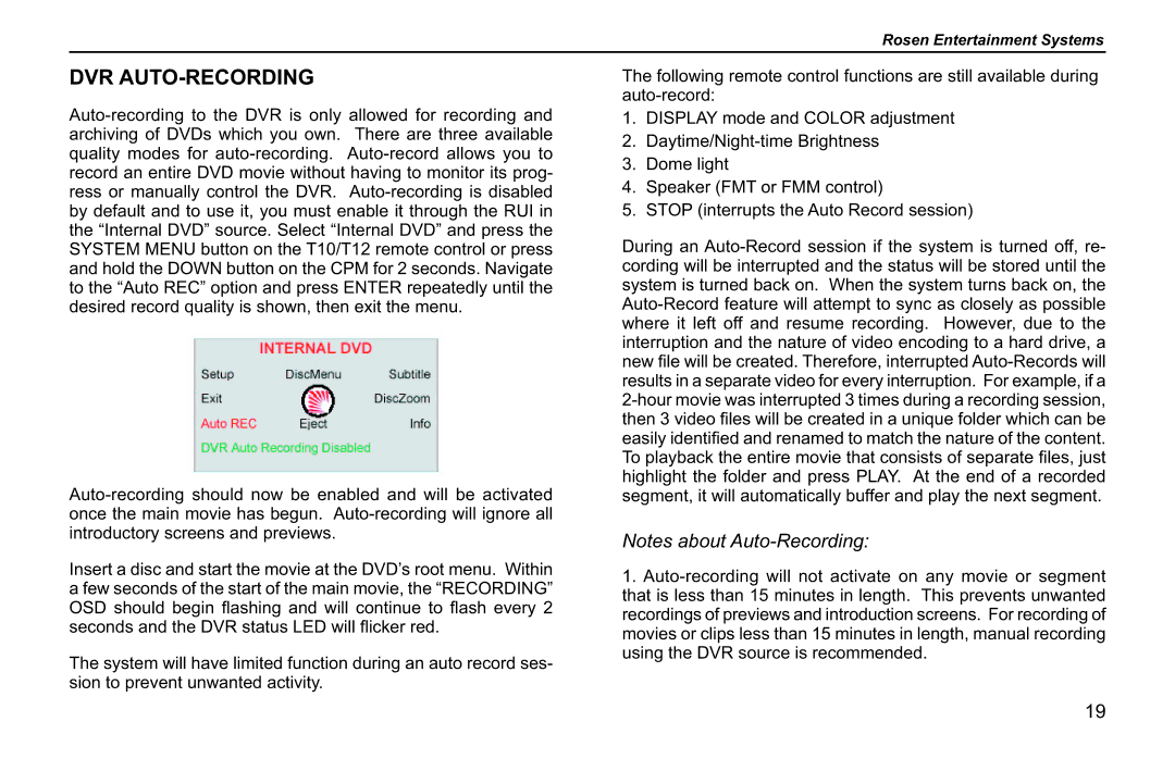 Rosen Entertainment Systems RVR 2000 owner manual Dvr Auto-Recording 