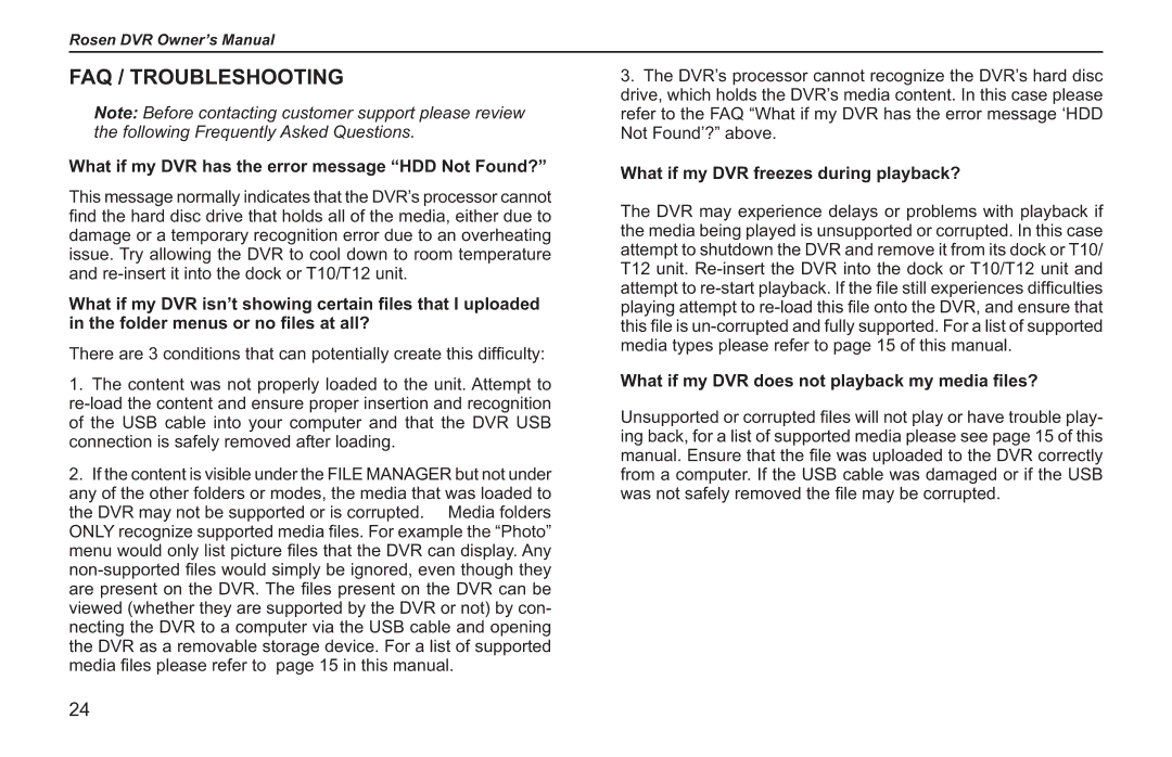 Rosen Entertainment Systems RVR 2000 FAQ / Troubleshooting, What if my DVR has the error message HDD Not Found? 