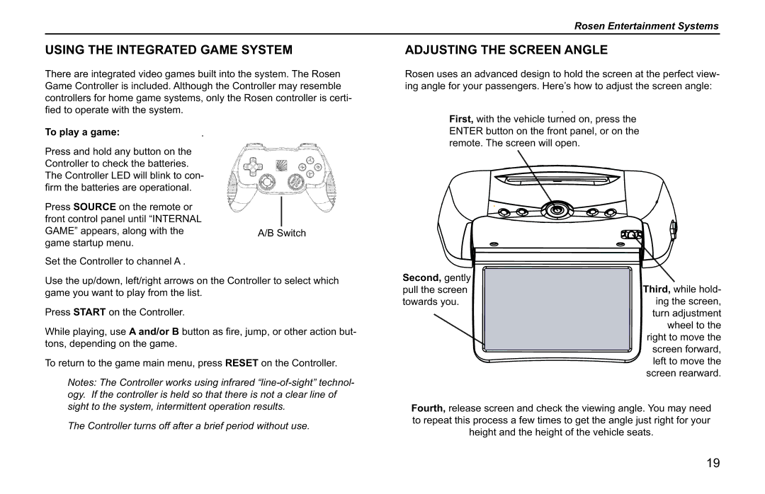 Rosen Entertainment Systems T12, T10 Using the Integrated Game System, Adjusting the Screen Angle, To play a game 