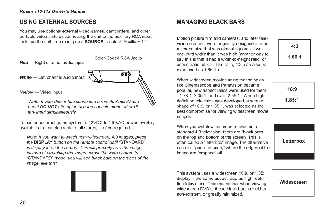 Rosen Entertainment Systems T10, T12 Using External Sources, Managing Black Bars, 661 169 851 Letterbox Widescreen 