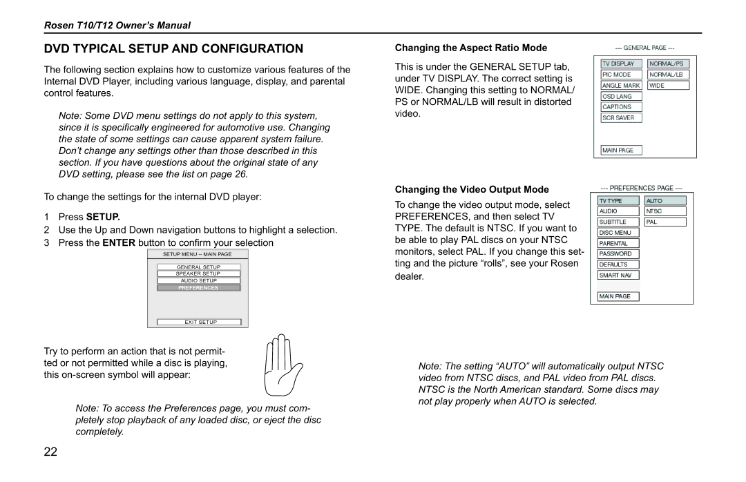 Rosen Entertainment Systems T10, T12 owner manual DVD Typical Setup and Configuration, Changing the Aspect Ratio Mode 