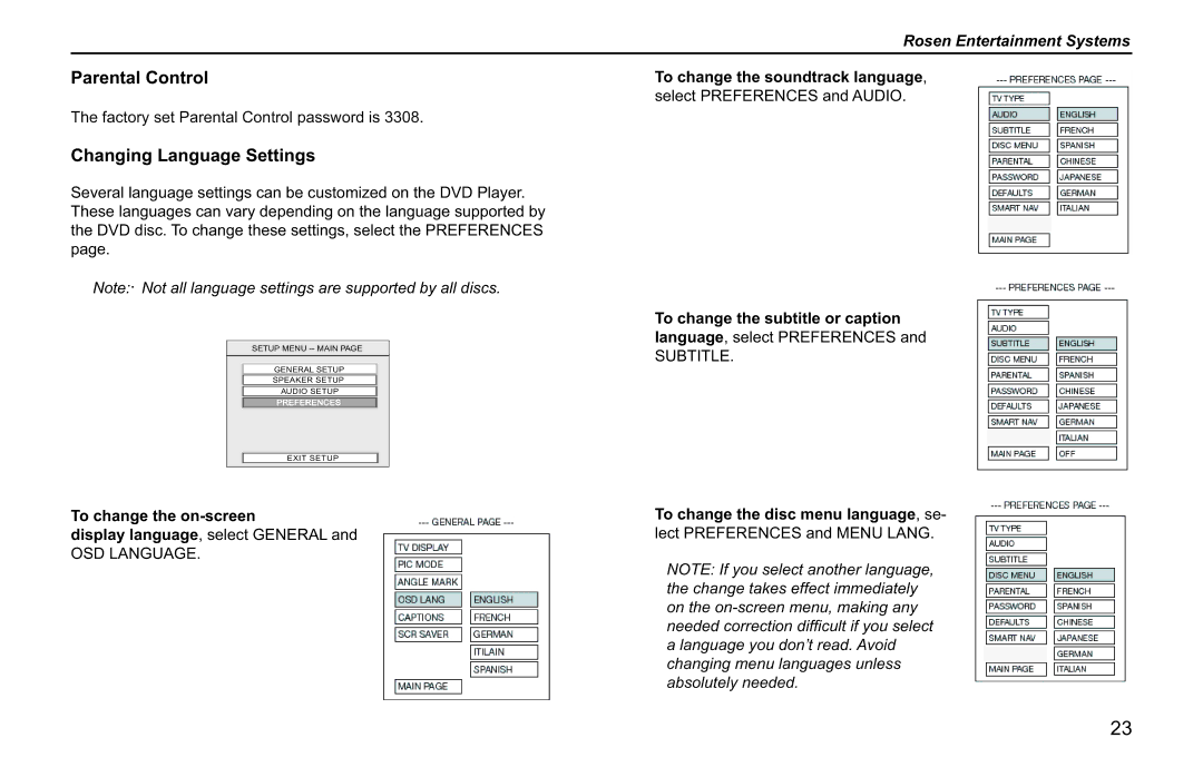 Rosen Entertainment Systems T12, T10 owner manual Parental Control, Changing Language Settings, To change the on-screen 