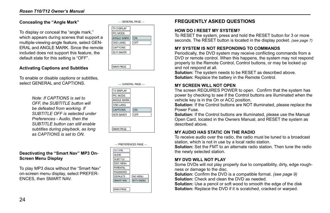 Rosen Entertainment Systems T10, T12 owner manual Concealing the Angle Mark, Activating Captions and Subtitles 