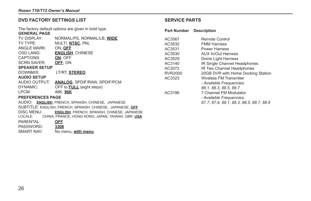 Rosen Entertainment Systems T10, T12 owner manual Part Number Description, 3308, No menu, with menu 