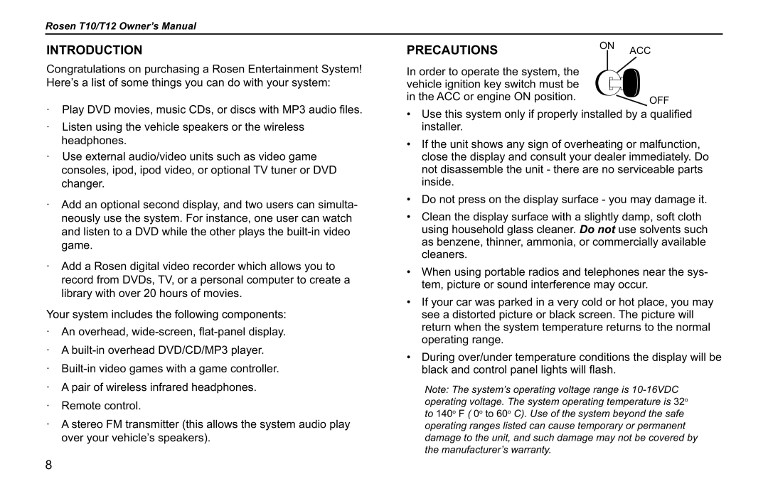 Rosen Entertainment Systems T10, T12 owner manual Introduction, Precautionson 