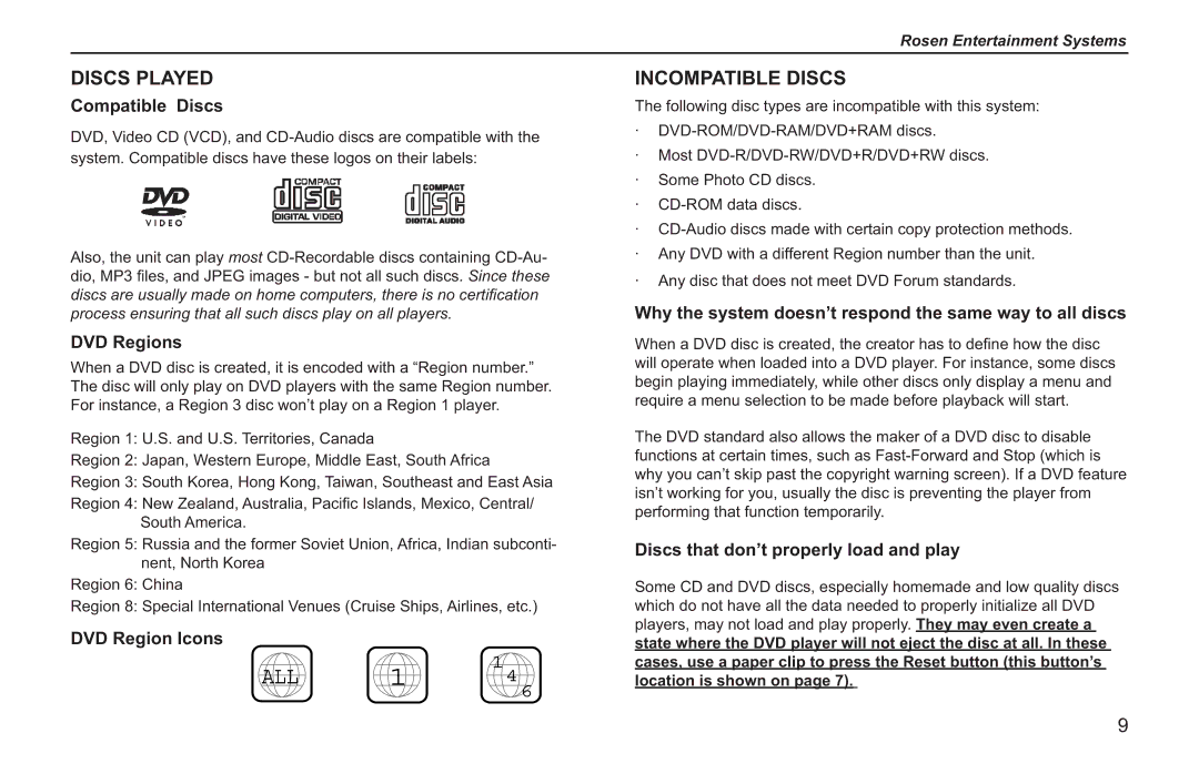 Rosen Entertainment Systems T12, T10 owner manual Discs Played, Incompatible Discs 