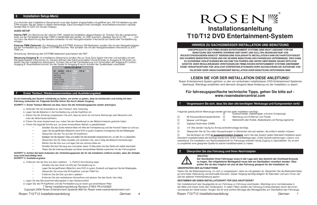 Rosen Entertainment Systems Installationsanleitung T10/T12 DVD Entertainment-System, Installation Setup-Menü 