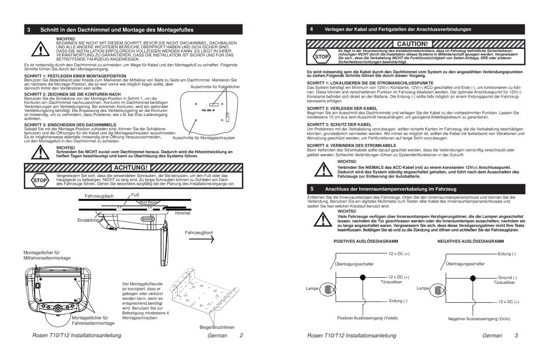 Rosen Entertainment Systems T12, T10 installation manual Achtung, Schnitt in den Dachhimmel und Montage des Montagefußes 