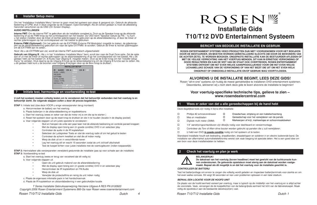 Rosen Entertainment Systems Installatie Gids T10/T12 DVD Entertainment Systeem, Check het voertuig en plan je werk 