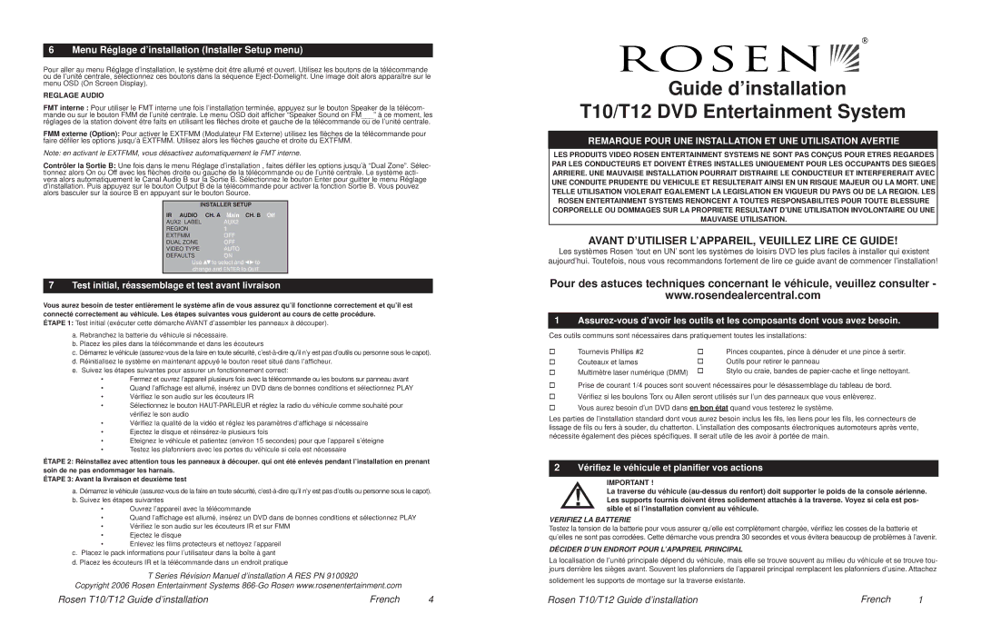 Rosen Entertainment Systems installation manual Guide d’installation T10/T12 DVD Entertainment System 