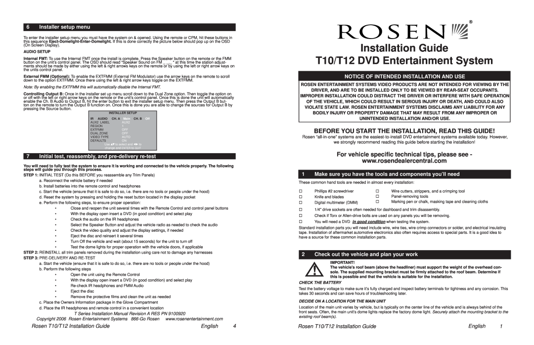 Rosen Entertainment Systems installation manual Installation Guide T10/T12 DVD Entertainment System, English 