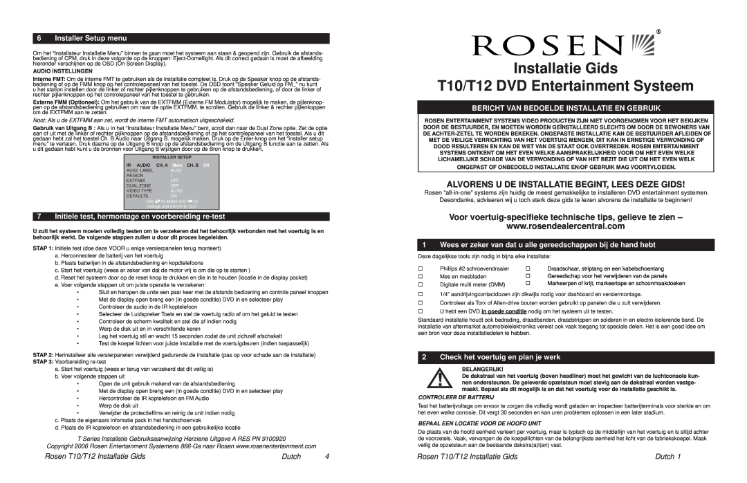 Rosen Entertainment Systems Installatie Gids T10/T12 DVD Entertainment Systeem, Installer Setup menu, Dutch 