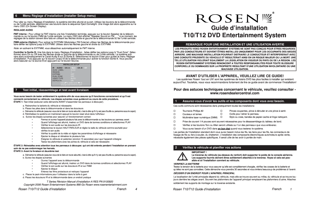 Rosen Entertainment Systems Guide d’installation T10/T12 DVD Entertainment System, Rosen T10/T12 Guide d’installation 