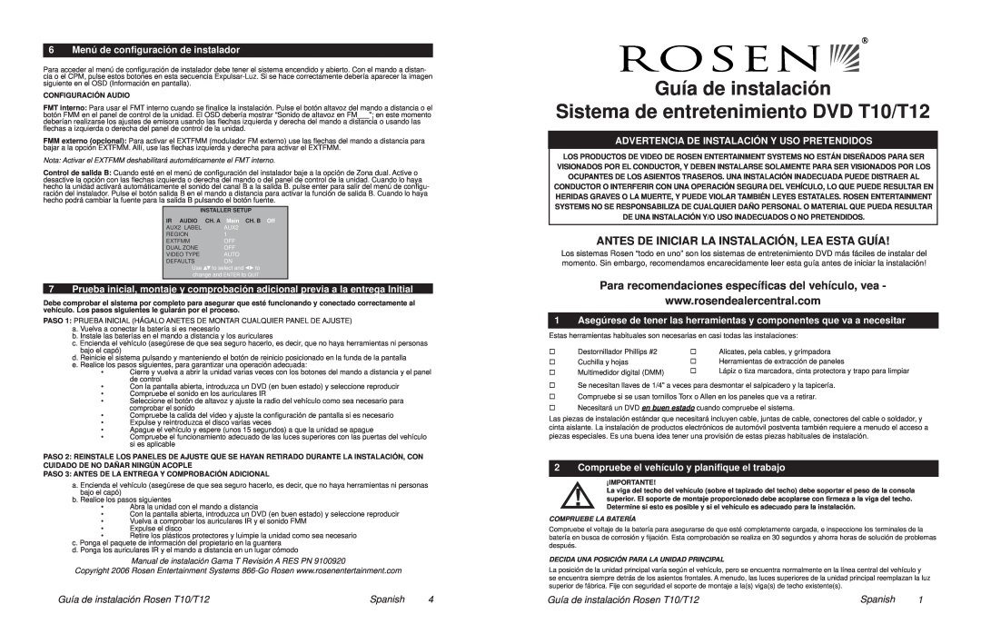 Rosen Entertainment Systems installation manual Guía de instalación Sistema de entretenimiento DVD T10/T12, Spanish 