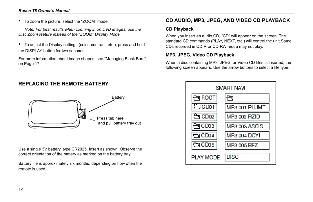 Rosen Entertainment Systems T8 owner manual CD AUDIO, MP3, JPEG, and Video CD Playback, Replacing the Remote Battery 