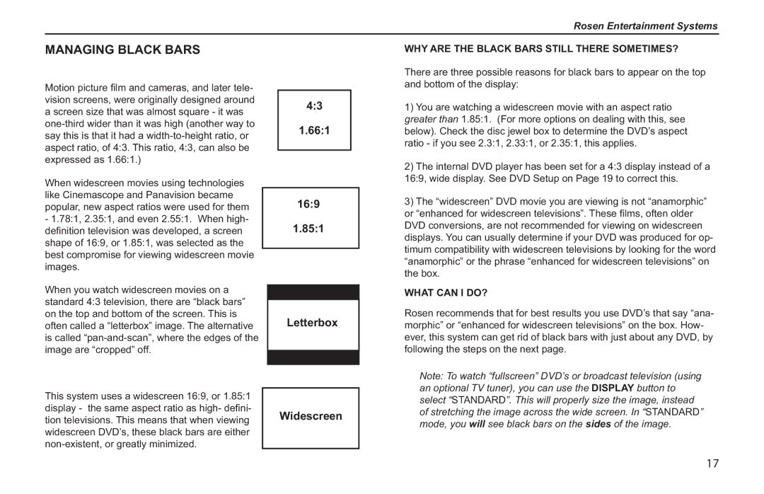 Rosen Entertainment Systems T8 owner manual Managing Black Bars, 661 169 851 Letterbox Widescreen 