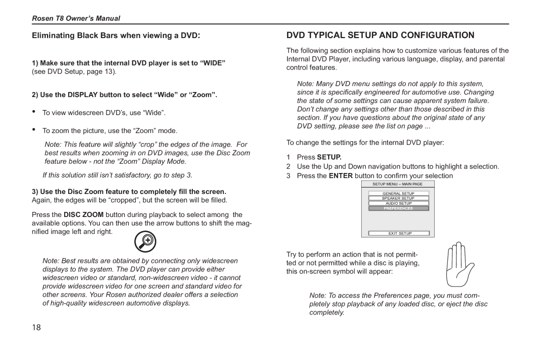 Rosen Entertainment Systems T8 owner manual DVD Typical Setup and Configuration, Eliminating Black Bars when viewing a DVD 