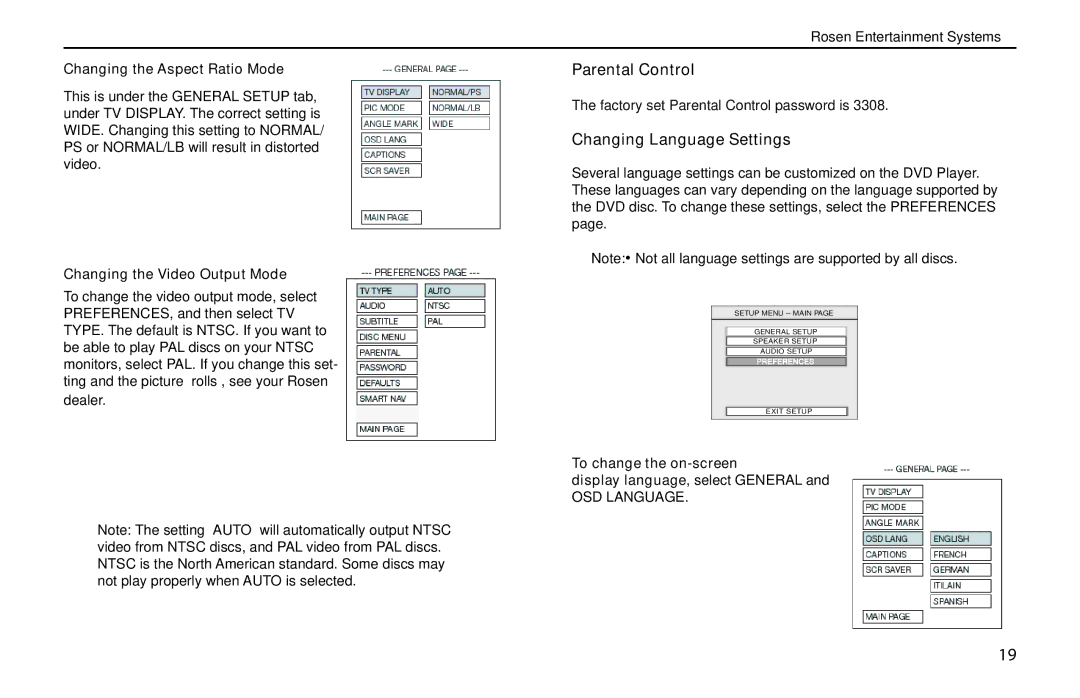 Rosen Entertainment Systems T8 owner manual Parental Control, Changing Language Settings, Changing the Aspect Ratio Mode 