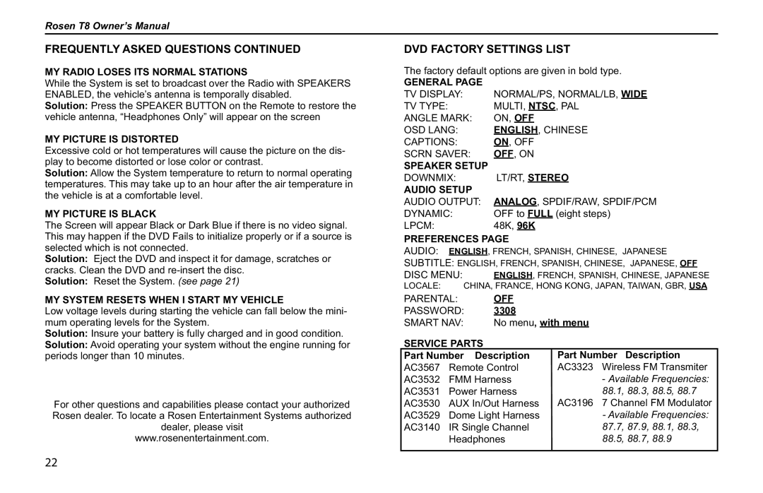 Rosen Entertainment Systems T8 owner manual 3308, No menu, with menu, Part Number Description 