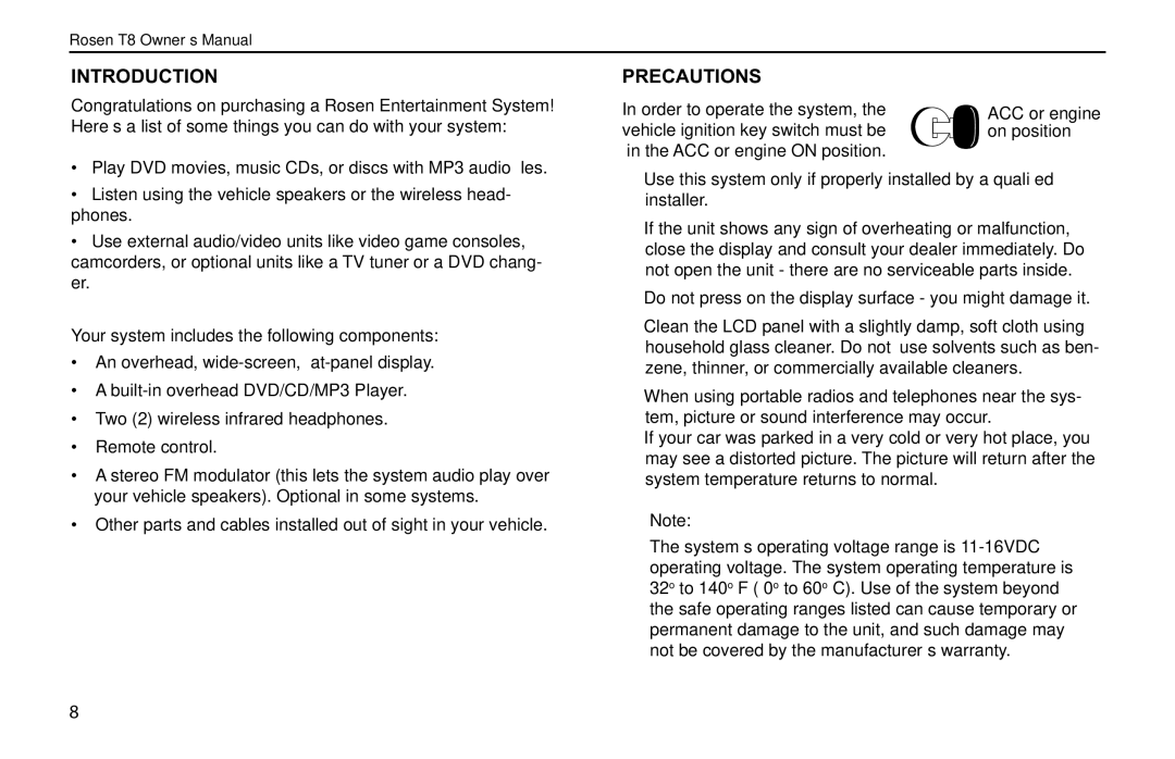 Rosen Entertainment Systems T8 owner manual Introduction, Precautions 