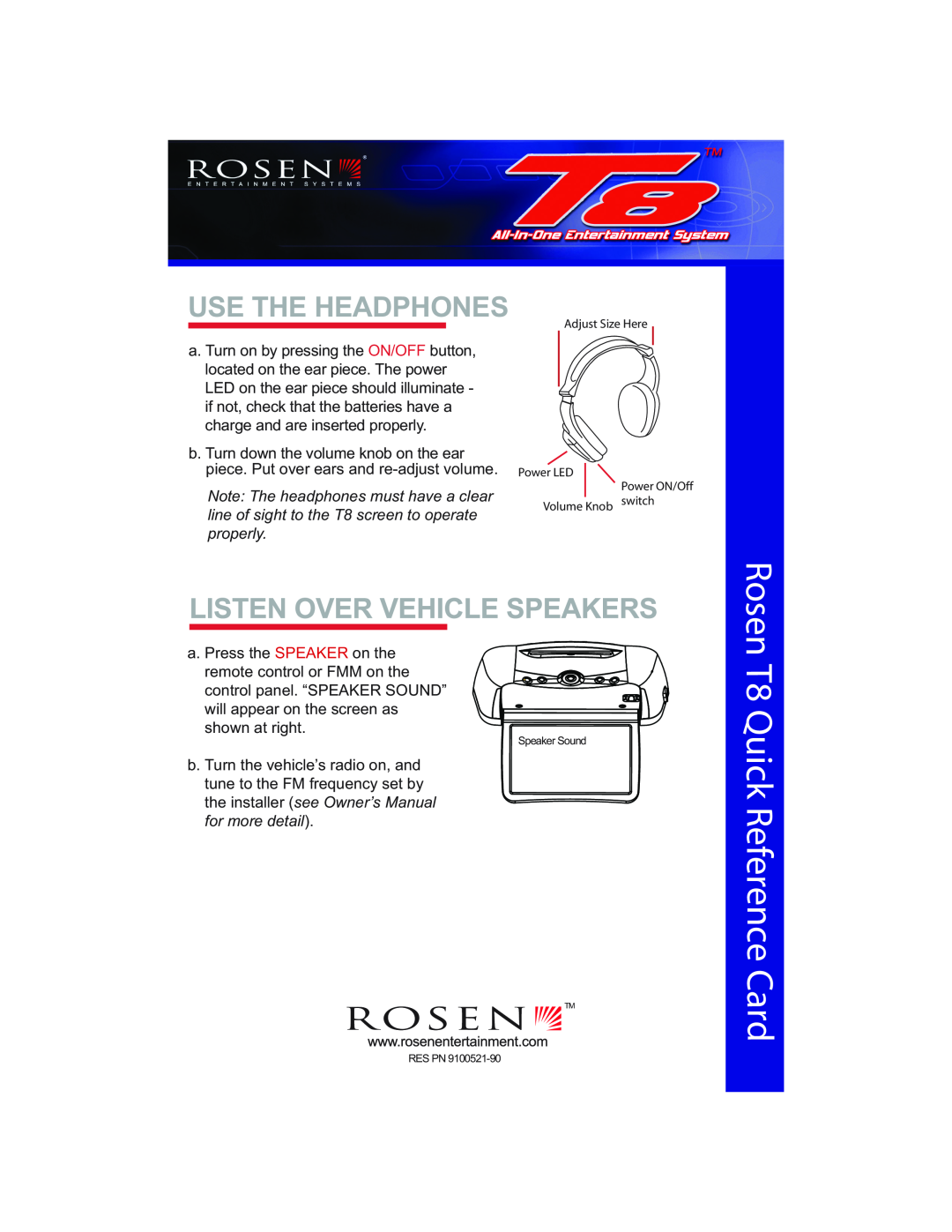 Rosen Entertainment Systems manual Quick Reference, Use The Headphones, Rosen T8, Card 