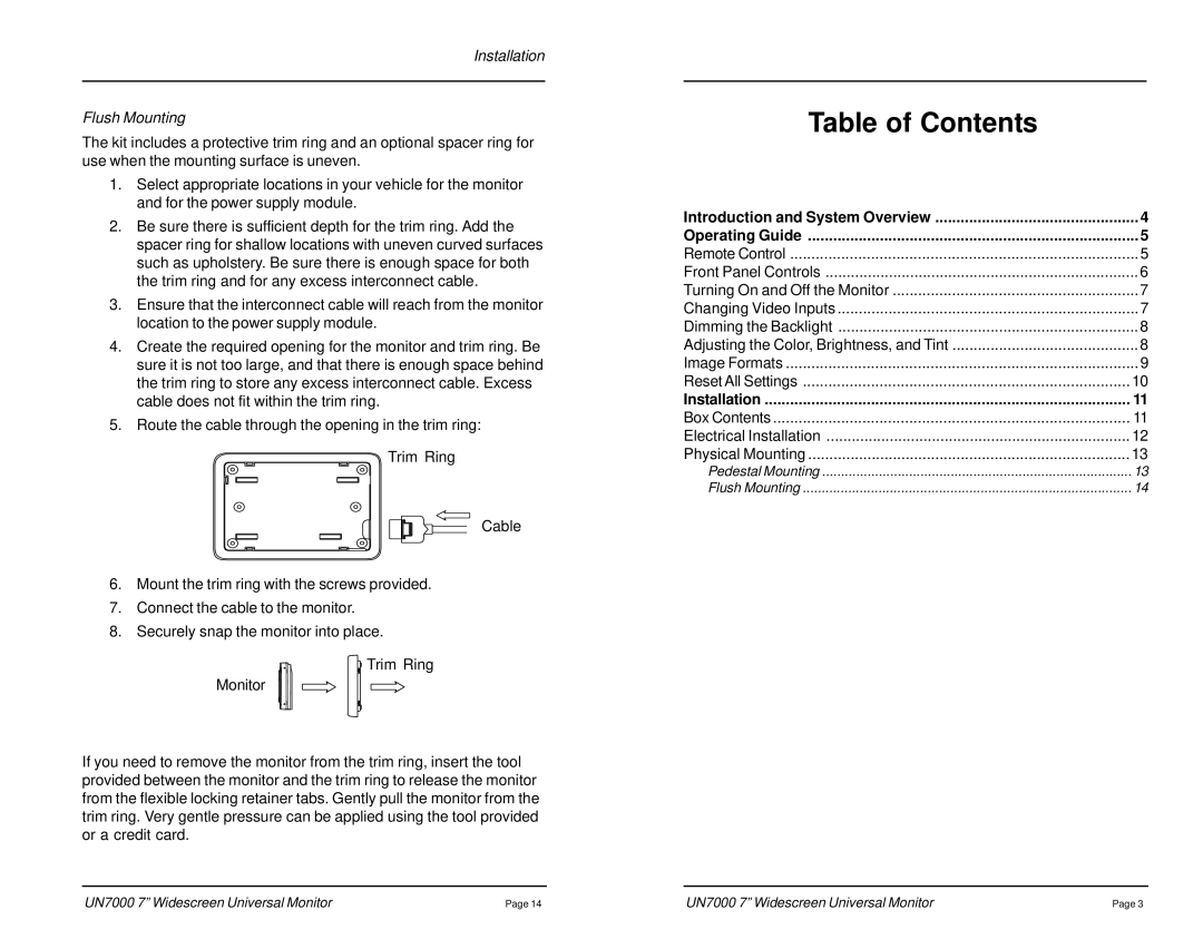 Rosen Entertainment Systems UN7000 owner manual Table of Contents 