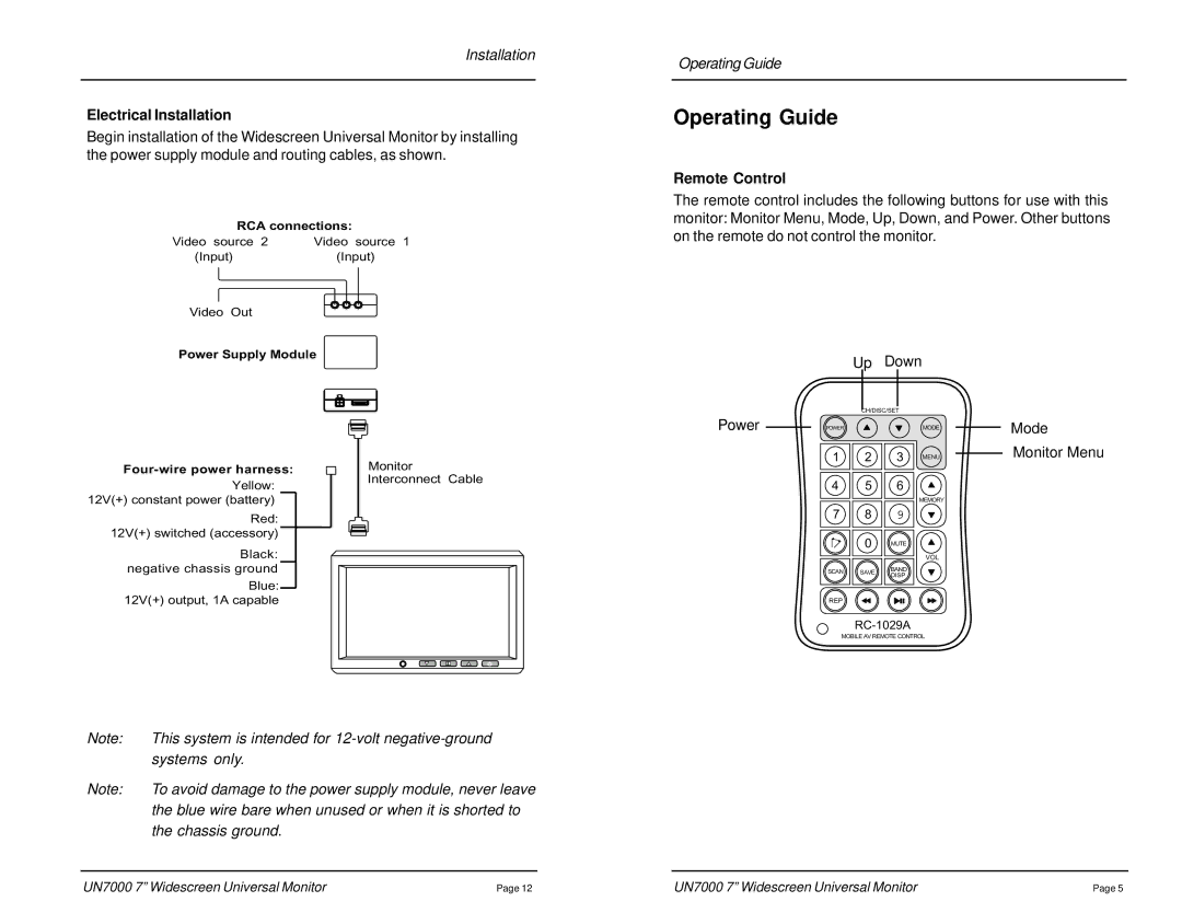 Rosen Entertainment Systems UN7000 owner manual Operating Guide, Electrical Installation, Remote Control 