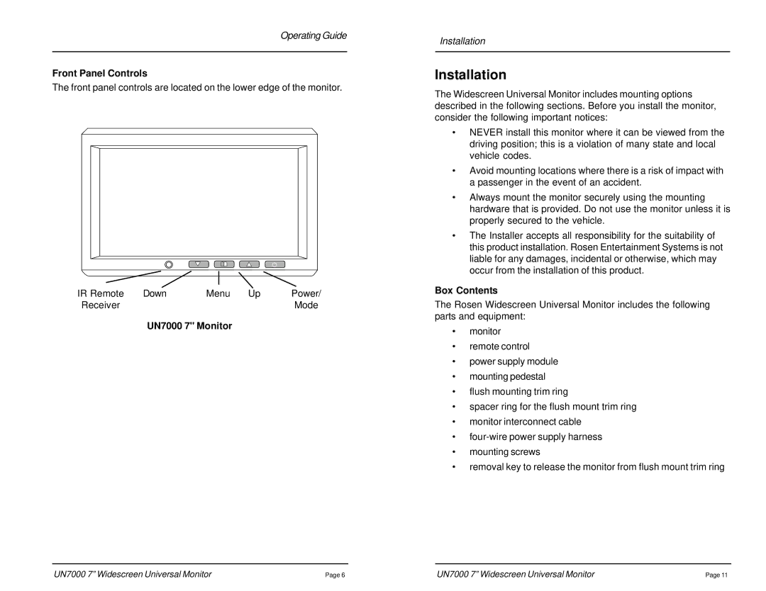 Rosen Entertainment Systems owner manual Installation, Front Panel Controls, UN7000 7 Monitor, Box Contents 