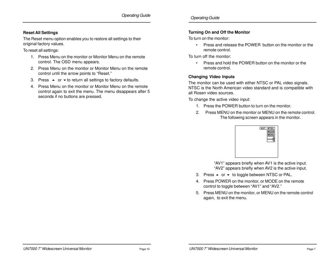 Rosen Entertainment Systems UN7000 owner manual Reset All Settings, Turning On and Off the Monitor, Changing Video Inputs 