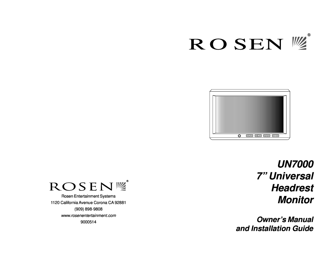 Rosen Entertainment Systems owner manual Rosen, UN7000 7” Universal Headrest Monitor 