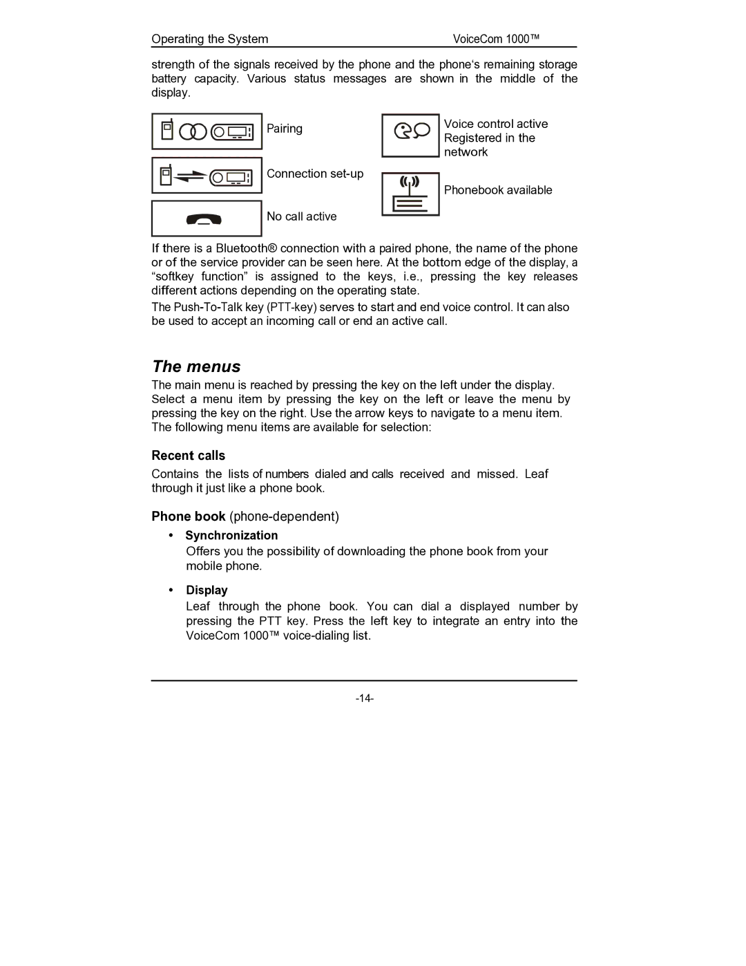 Rosen Entertainment Systems viocecom 1000 manual Menus, Recent calls 