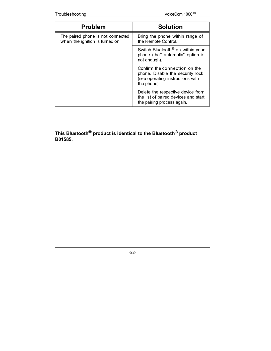 Rosen Entertainment Systems viocecom 1000 manual Troubleshooting VoiceCom 