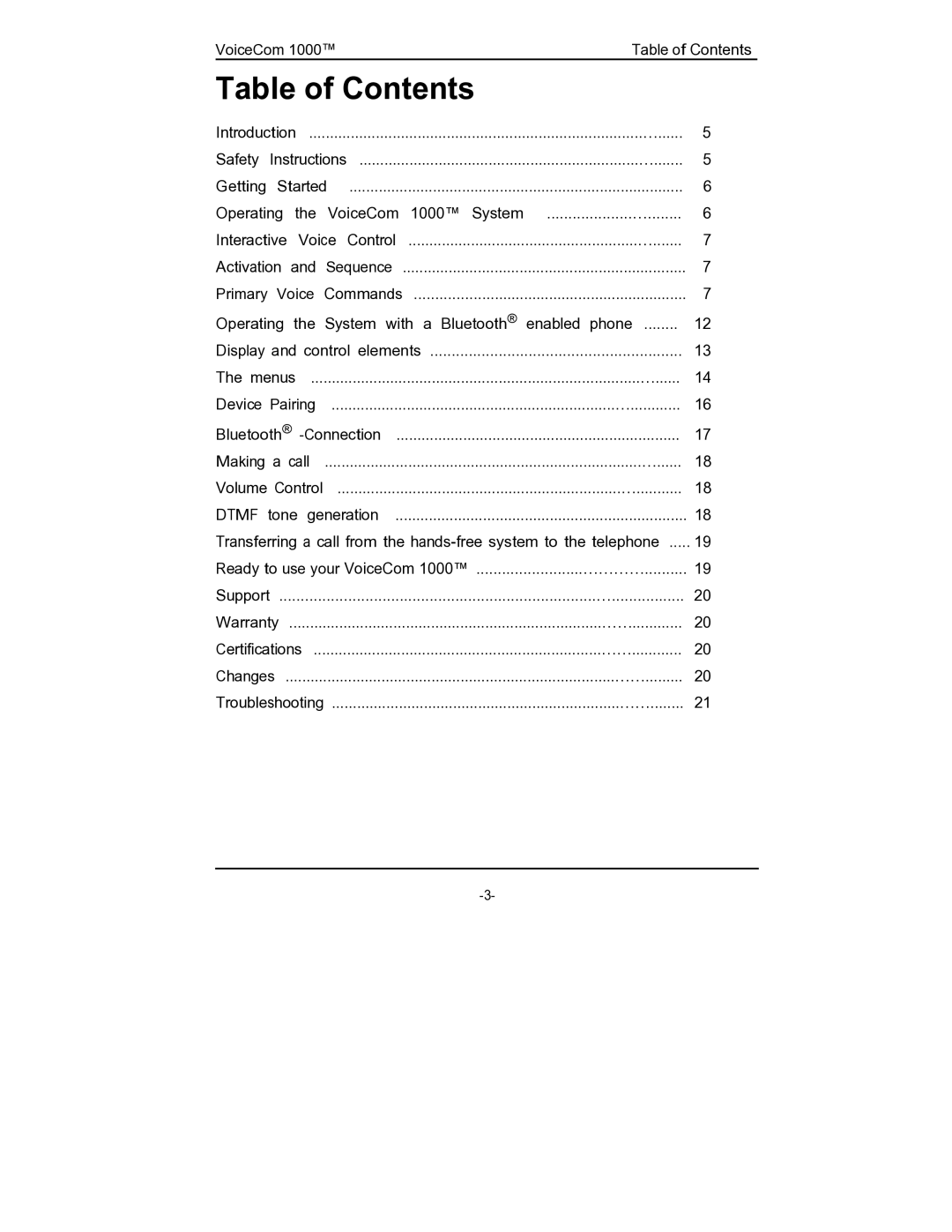 Rosen Entertainment Systems viocecom 1000 manual Table of Contents 