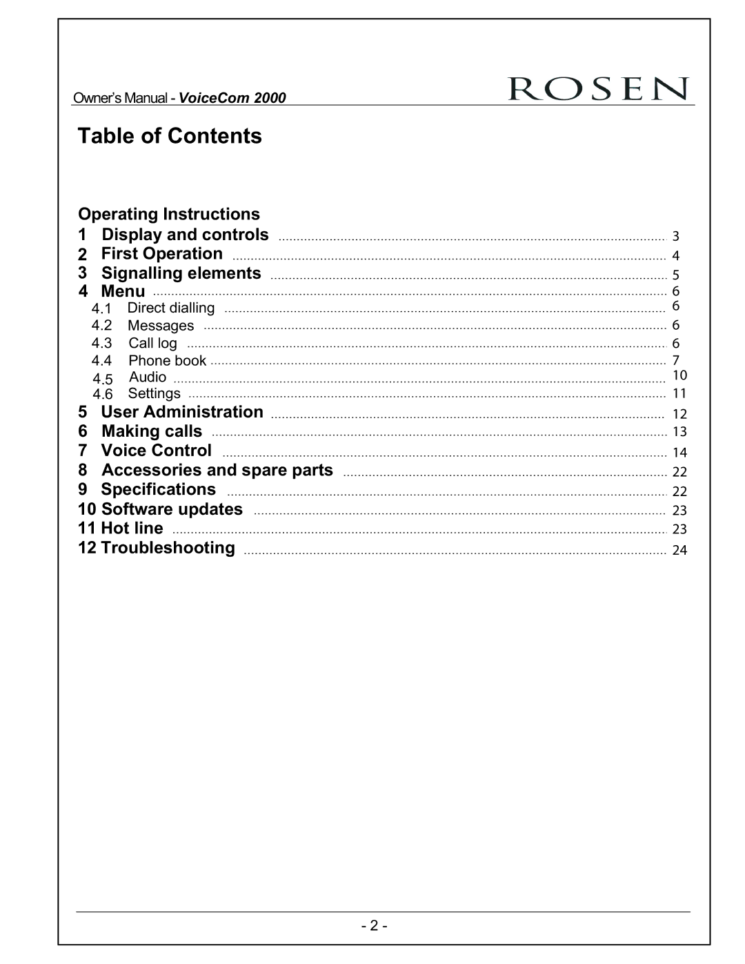 Rosen Entertainment Systems VoiceCom2000 owner manual Table of Contents 