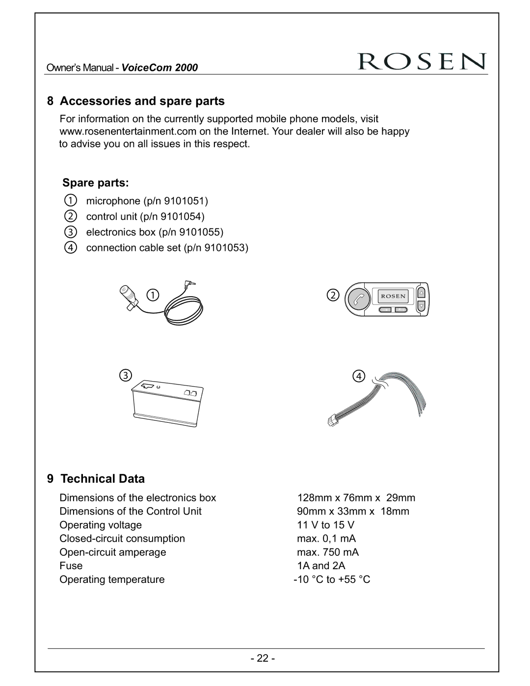 Rosen Entertainment Systems VoiceCom2000 owner manual Accessories and spare parts, Technical Data 