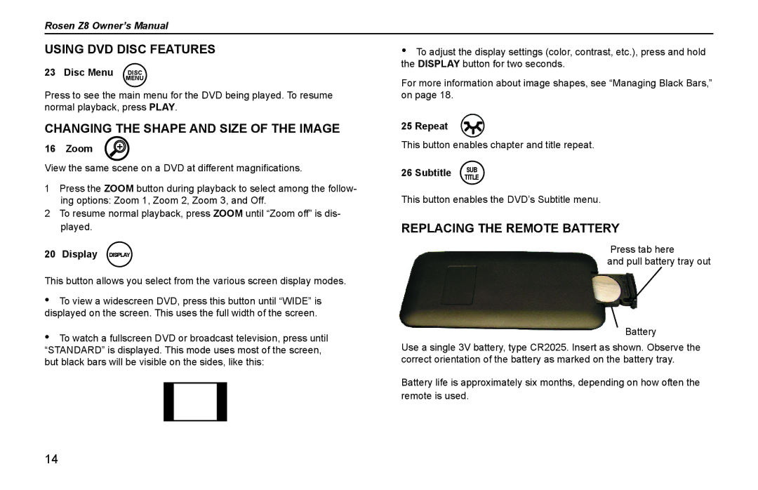 Rosen Entertainment Systems Z8 owner manual Using DVD Disc Features, Changing the Shape and Size of the Image 