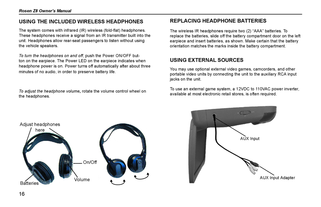 Rosen Entertainment Systems Z8 owner manual Using the Included Wireless Headphones, Replacing Headphone Batteries 