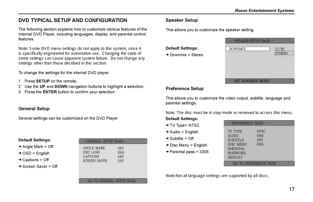 Rosen Entertainment Systems Z8 DVD Typical Setup and Configuration, General Setup, Speaker Setup, Preference Setup 