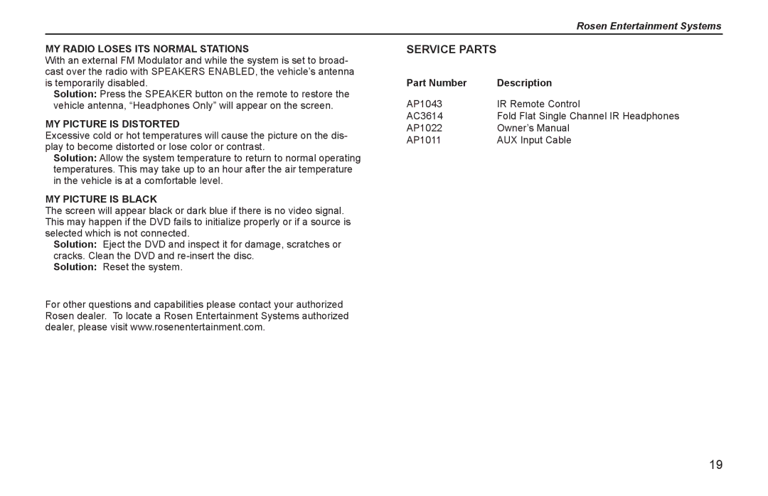 Rosen Entertainment Systems Z8 owner manual MY Radio Loses ITS Normal Stations, Part Number Description 