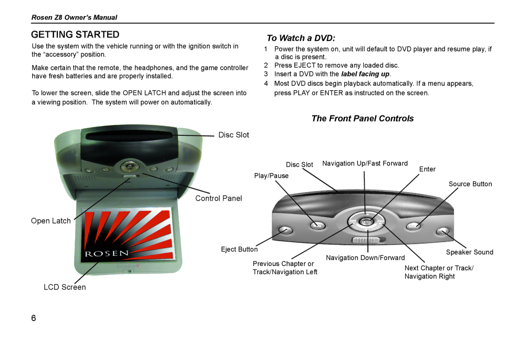 Rosen Entertainment Systems Z8 owner manual Getting Started 