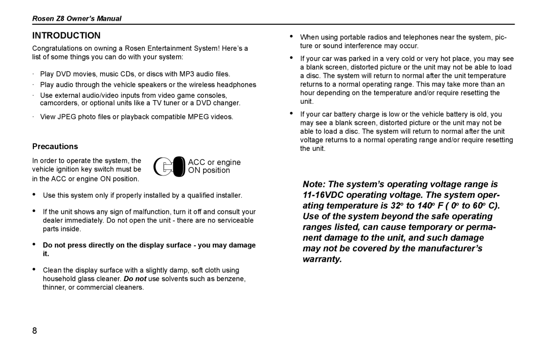 Rosen Entertainment Systems Z8 owner manual Introduction, Precautions 