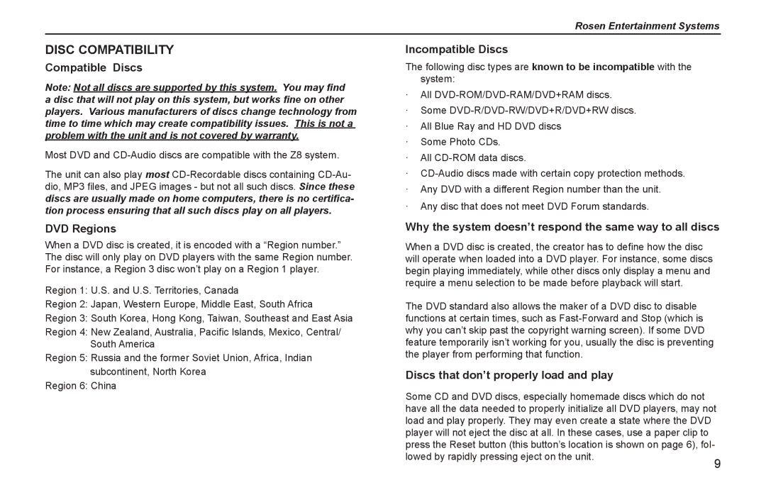 Rosen Entertainment Systems Z8 owner manual Disc Compatibility 