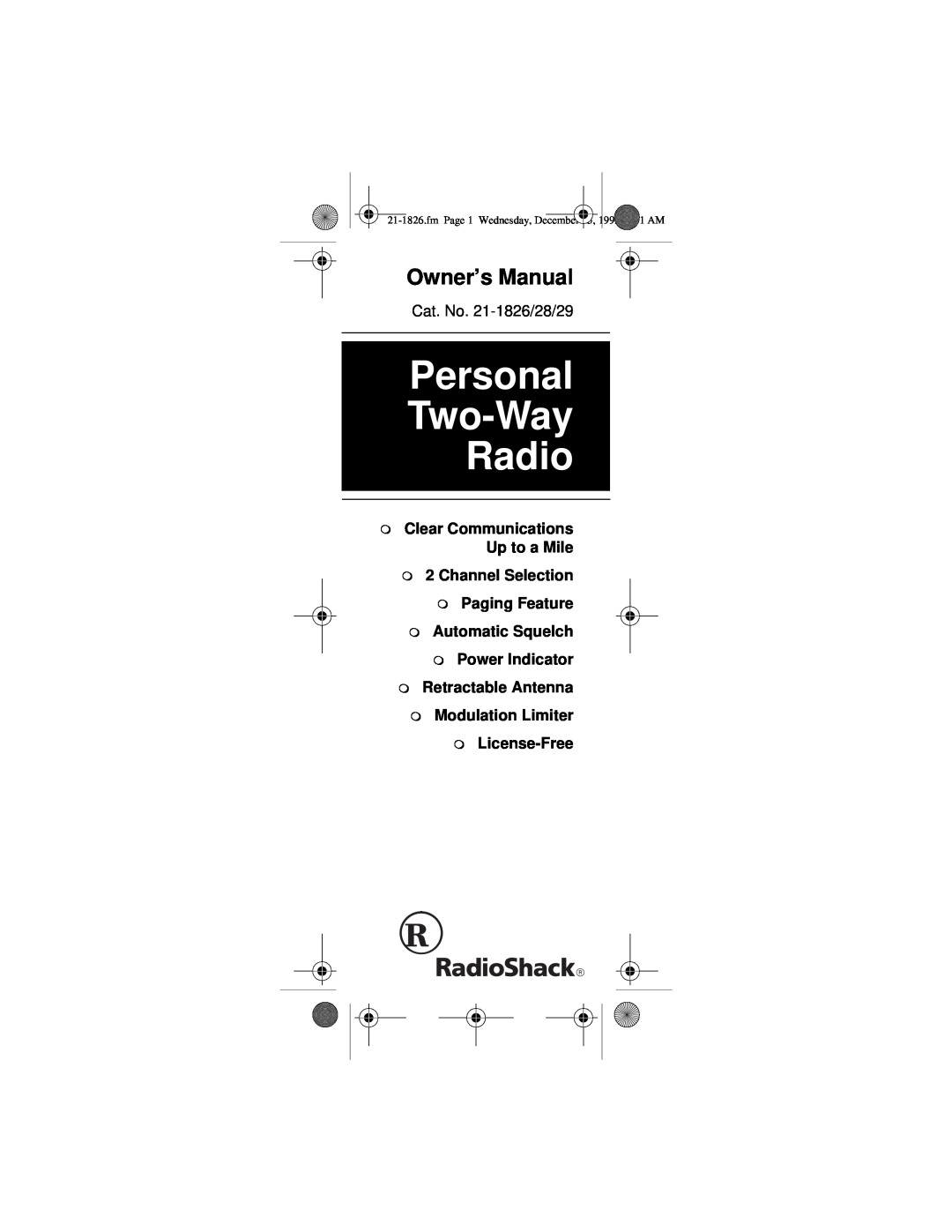 Rosewill owner manual Personal Two-Way Radio, Owner’s Manual, Cat. No. 21-1826/28/29, Modulation Limiter License-Free 