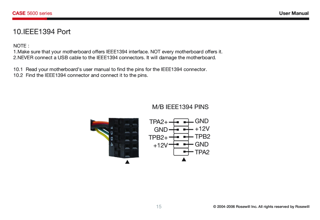 Rosewill IEEE1394 Port, M/B IEEE1394 PINS TPA2+ GND GND +12V TPB2+ TPB2 +12V GND TPA2, CASE 5600 series, User Manual 
