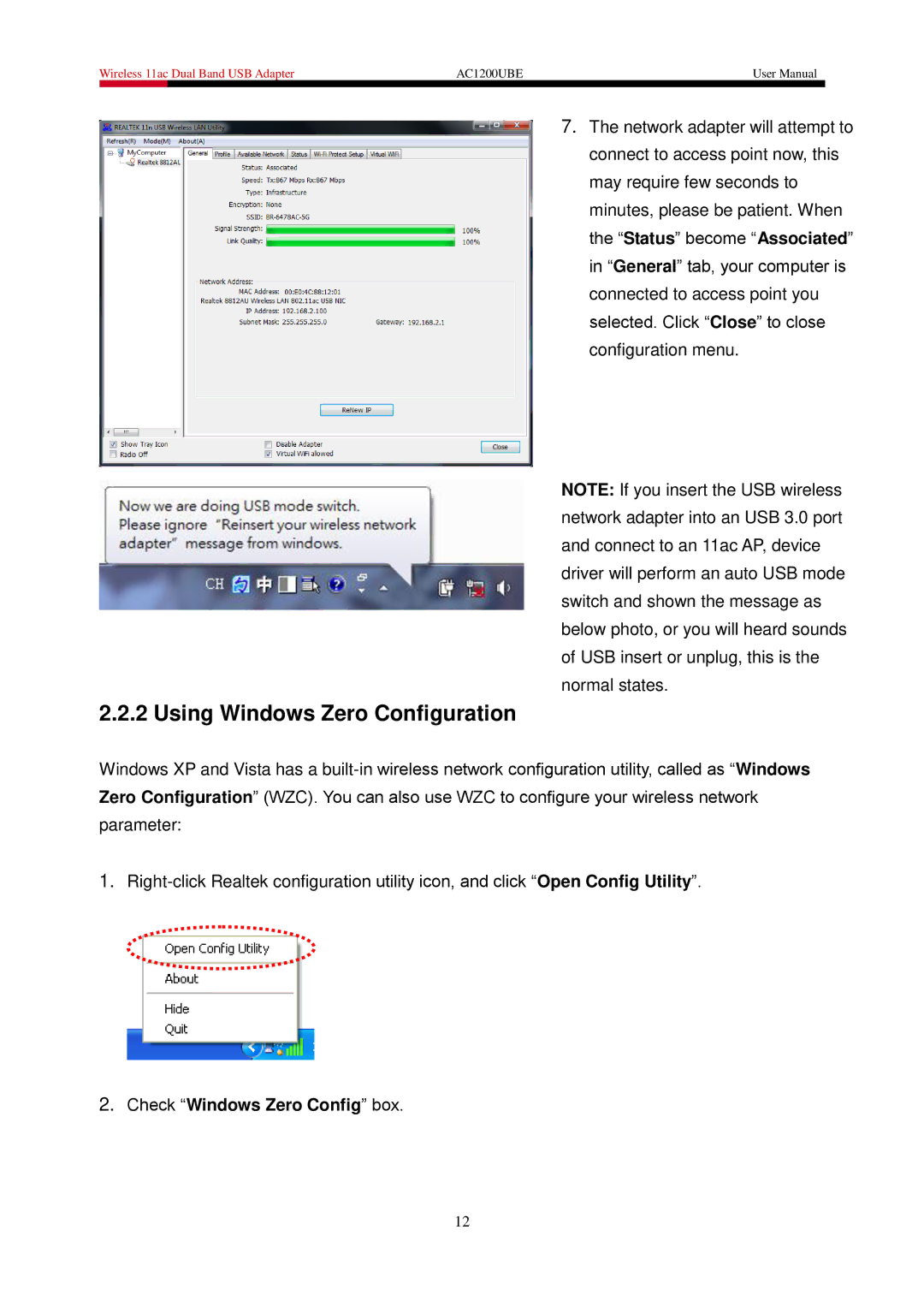 Rosewill AC1200UBE user manual Using Windows Zero Configuration, Check Windows Zero Config box 