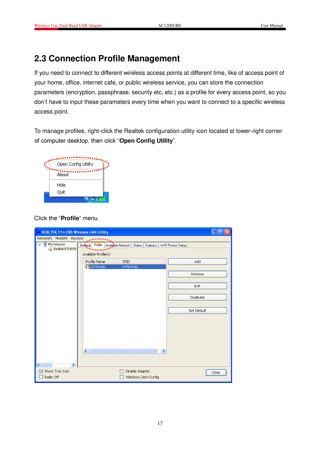 Rosewill AC1200UBE user manual Connection Profile Management 